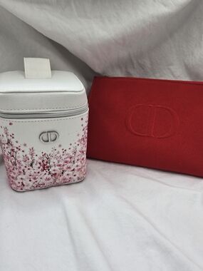 Dior White & Pink Floral Vanity Pouch and Red Cosmetic Clutch Set